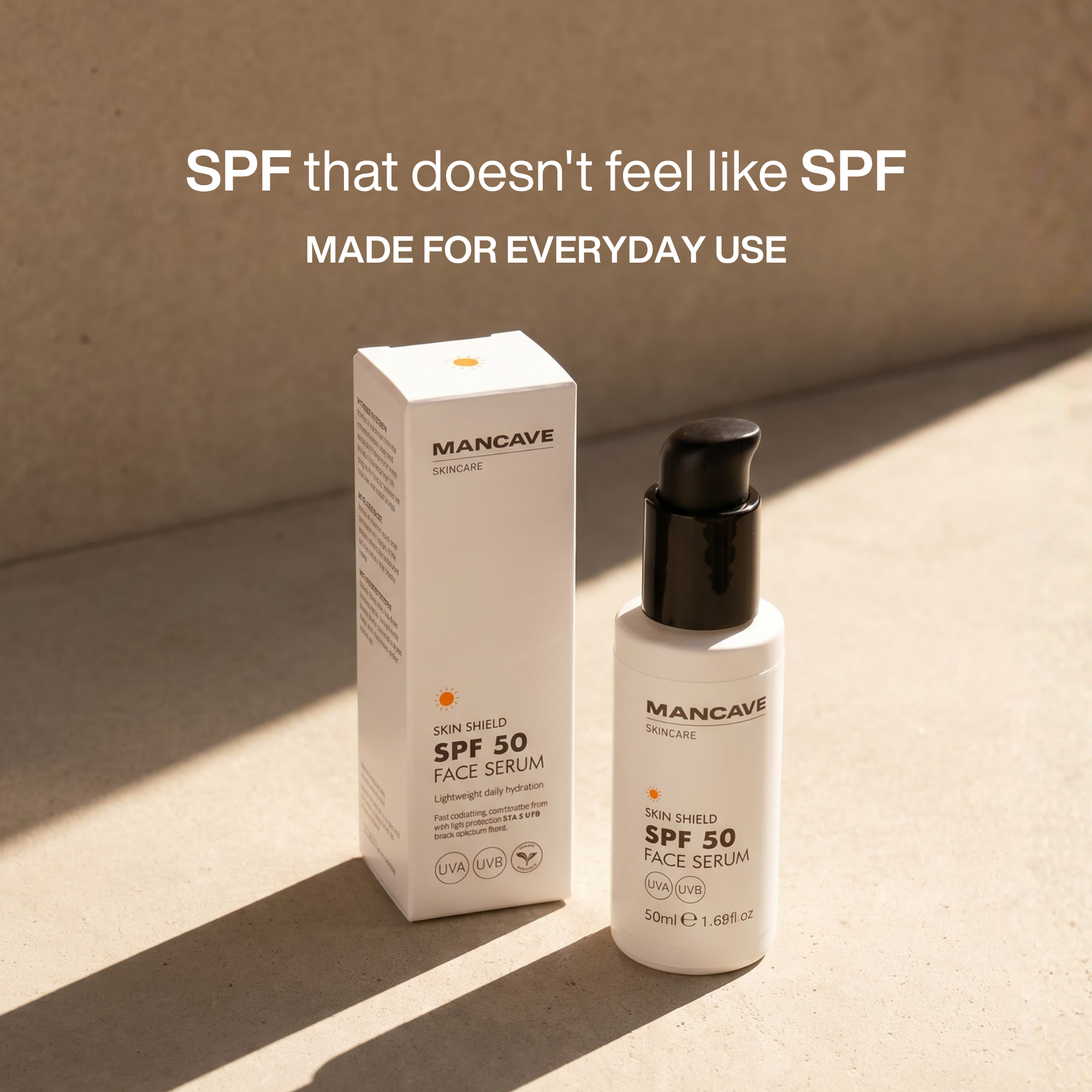 ManCave Skin Shield SPF 50 Face Serum — 50ml lightweight daily sun protection serum with broad-spectrum UVA and UVB filters