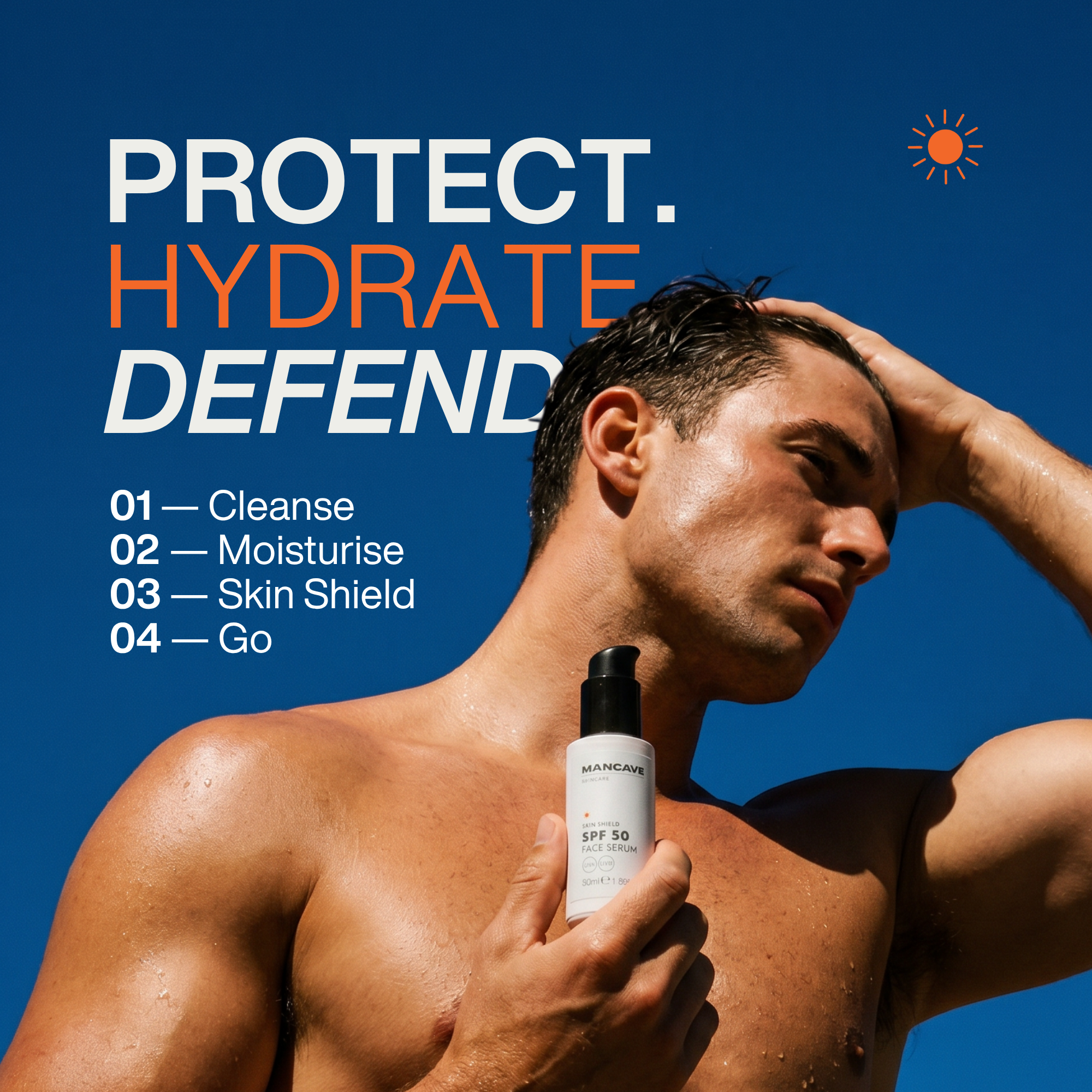 ManCave Skin Shield SPF 50 Face Serum — 50ml lightweight daily sun protection serum with broad-spectrum UVA and UVB filters