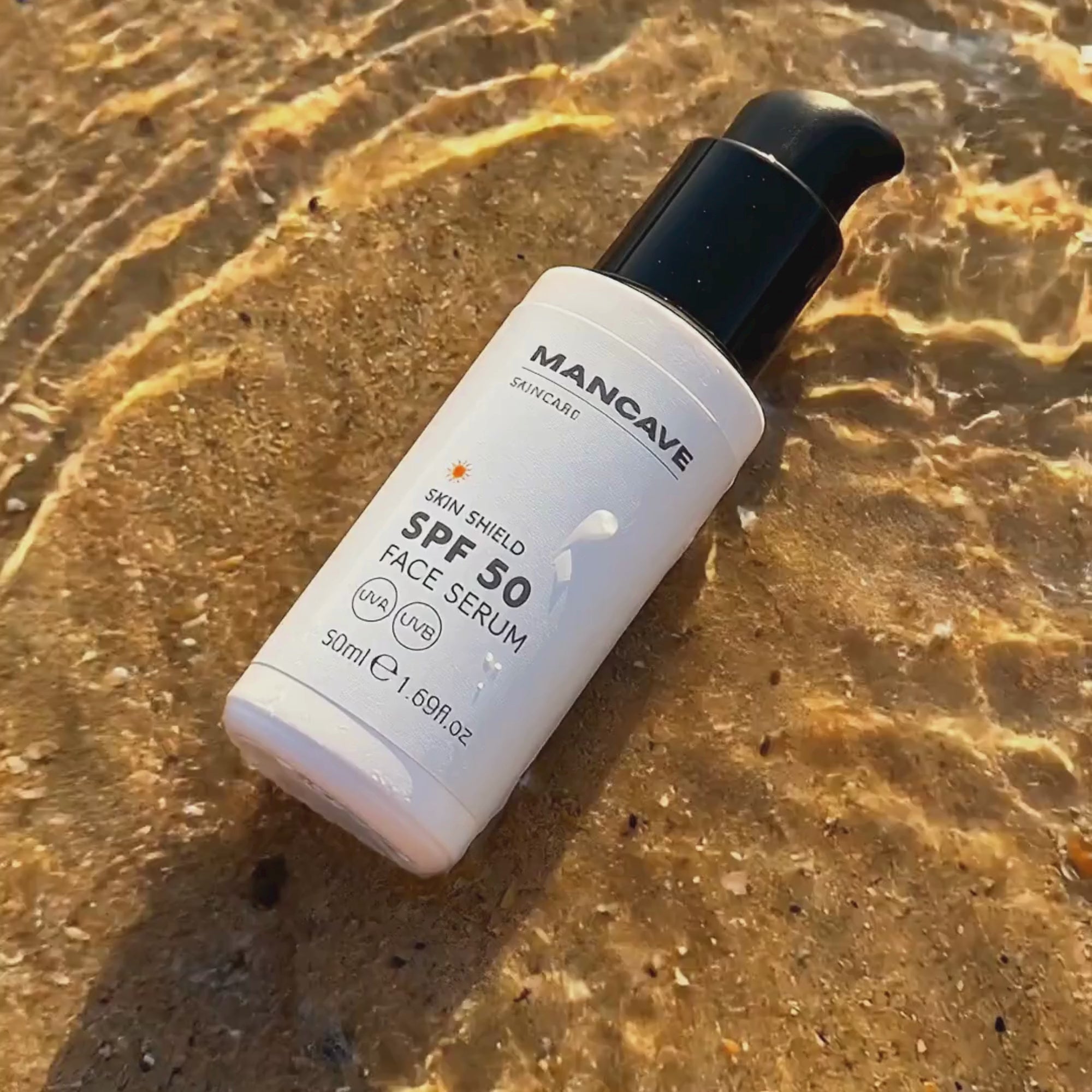 ManCave Skin Shield SPF 50 Face Serum — 50ml lightweight daily sun protection serum with broad-spectrum UVA and UVB filters
